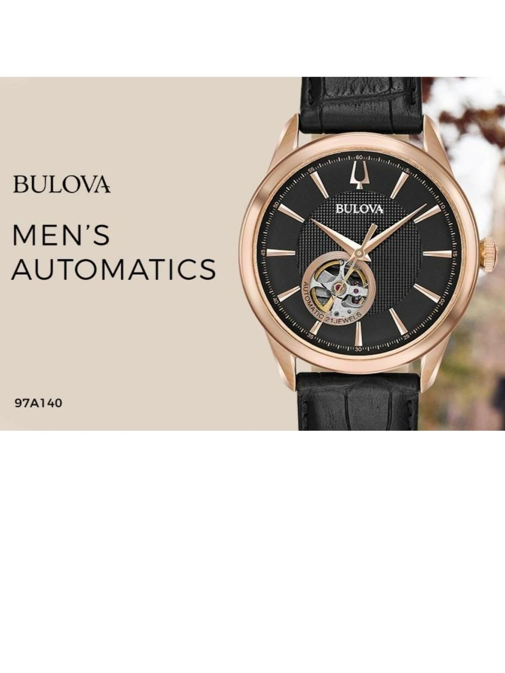 BULOVA CLASSIC AUTOMATIC SKELETON BLACK LEATHER ROSE GOLD